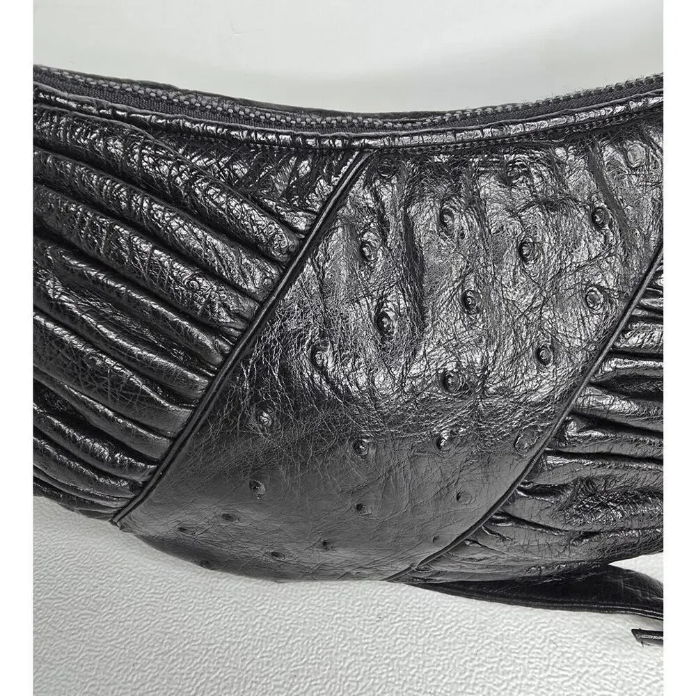 Vintage Judith Leiber Black Ostrich Leather Shoulder Bag Handbag Crescent Shape